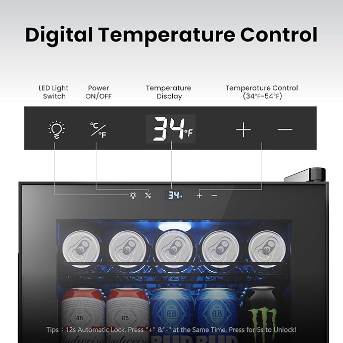 Yeego Beverage Refrigerator Cooler, 85 Cans Drink Mini Fridge with Glass Door for Soda Beer or Wine, Beverage Cooler with 34°F-54°F Digital Temperature Control for Home, Office, Bar
