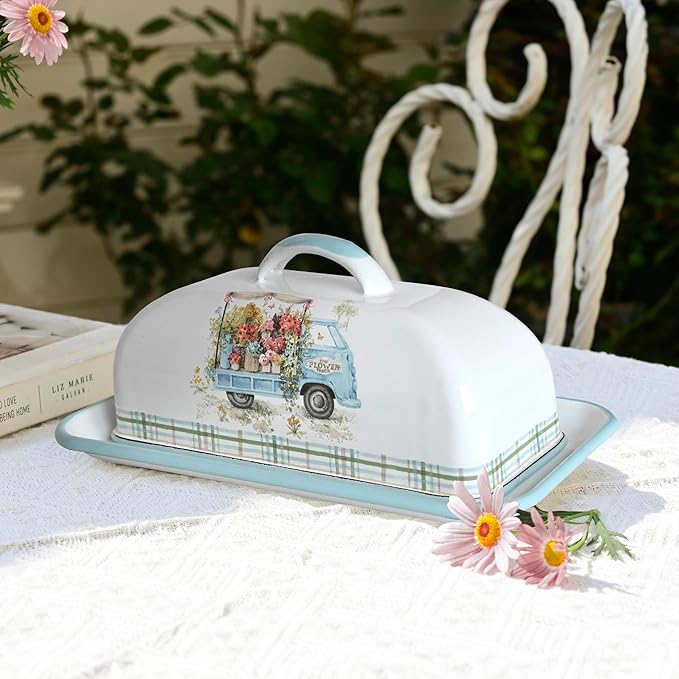 Enamel Butter Dish with Lid Vintage Enamelware Butter Keeper with Flower and Bird Patterns Farmhouse Butter Container Butter holder for Countertop Kitchen Decor (Lightblue)