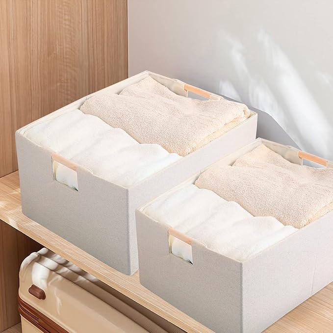 Fabric Storage Bin 3 Pack Foldable Cotton Linen Storage Basket with Wooden Handles Rectangular Cube Box - Beige, Large