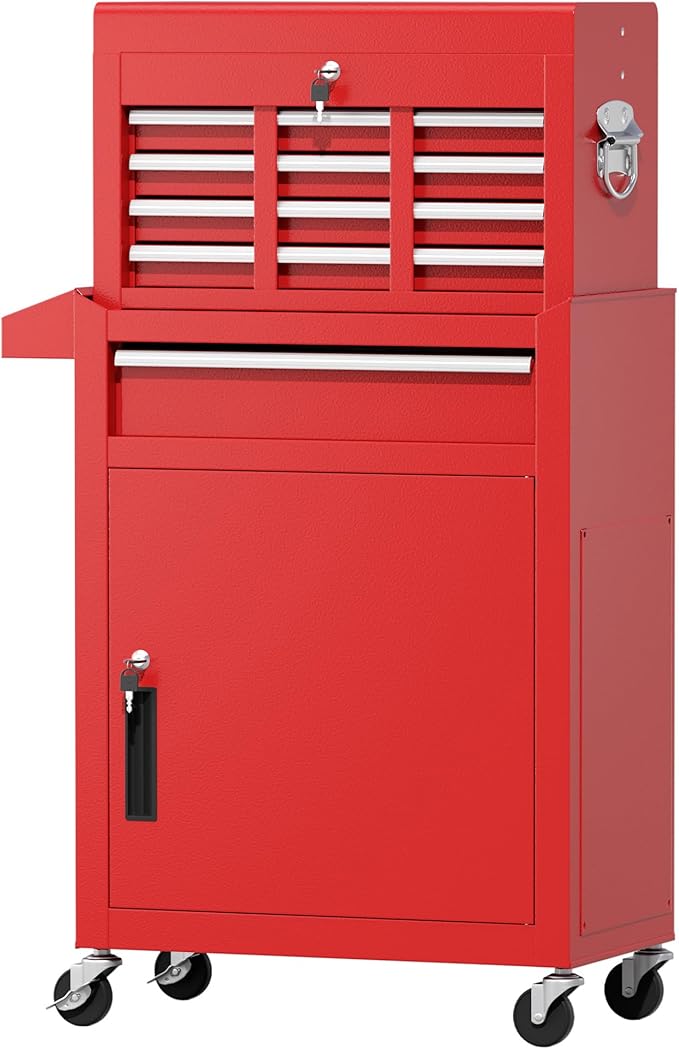 Greenvelly Tool Chest, 5-Drawer Rolling Tool Chest with Hooks and Lockable Wheels,Metal Storage Detachable Top Tool Box with Lockable Wheels for Garage,Workshop,Art Studio(Red)
