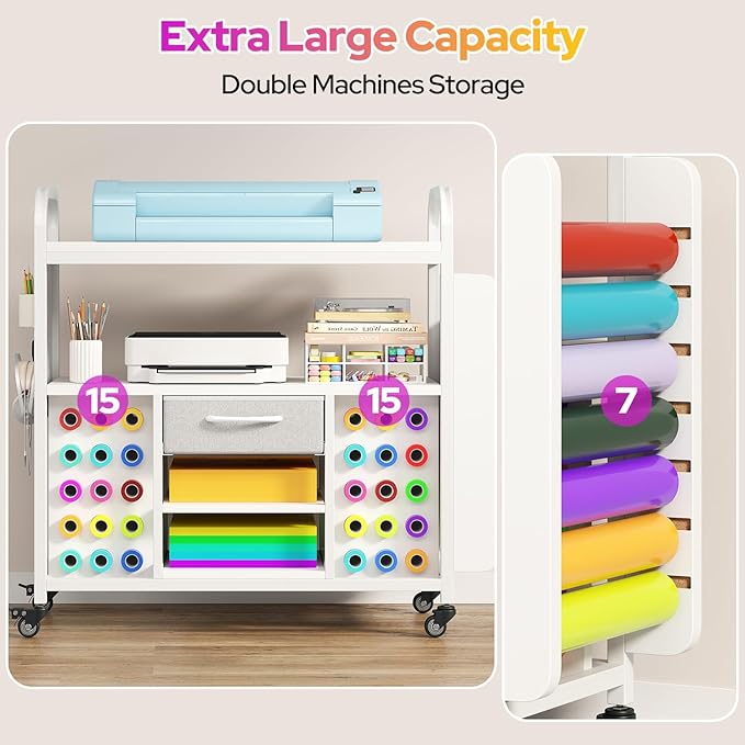 Craft Organization and Storage Cart, Large Rolling Craft Organizer Workstation with Vinyl Roll Holder & Hook up, Cutting Machine Stand Compatible for Cricut Machines, Craft Room