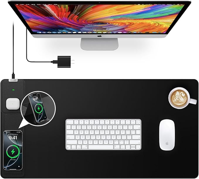 Wireless Charging Mouse Pad with Foldable Phone Holder, 31.5"x15.8" Extended Desk Mat for Laptop/Keyboard, Waterproof Ultra-Smooth Surface, Non-Slip Base & 20W PD Adapter, Black