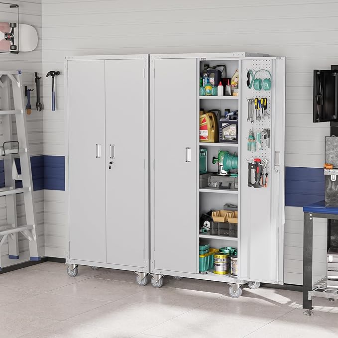 VINGLI 72'' Tall Garage Storage Cabinet, Metal Storage Cabinet with Pegboards, Wheels, Locking Doors and Adjustable Shelves (Gray, 32''W x 16''D x 72''H)