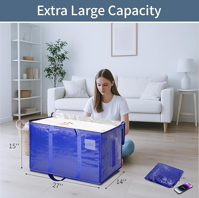 12 Pack-Extra Large Heavy Duty Moving Bags - Waterproof Storage Totes with Handles & Zippers, Foldable for College Dorm, Storage (Blue)