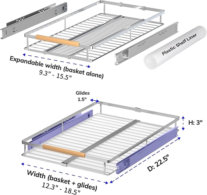 Pull Out Drawer Cabinet Organizer, Expandable Slide Out Storage Shelves - Heavy Duty, Durable and Smooth Slide-Out, 12.3"~18.3" Wide x 22.5" Deep, 2 Pack