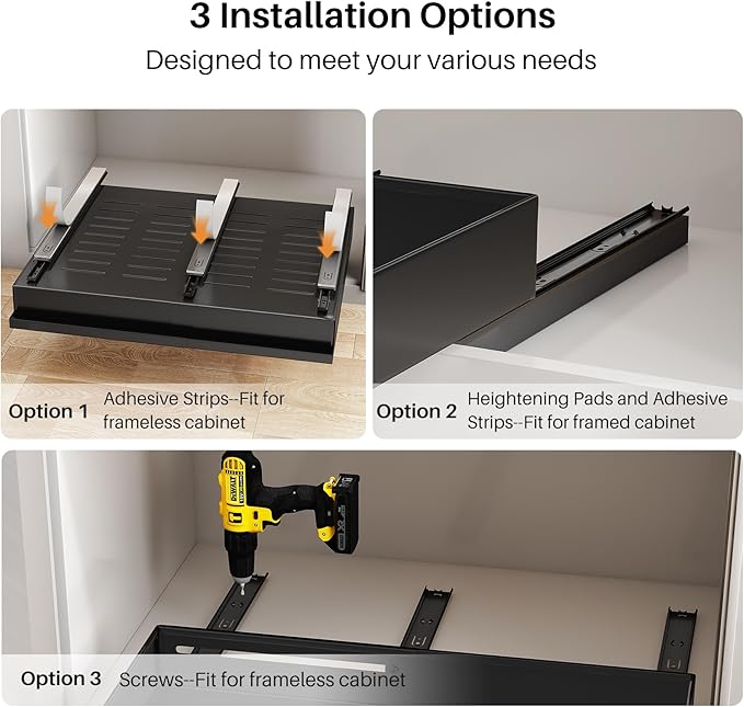 Pull out Cabinet Organizer, 2-Pack Expandable(13.6"-24") Silde out Drawers with Raising Pad for Framed Cabinets, Adjustable Full-Extension Adhesive Roll out Shelves for Kitchen Pantry Home Pot and Pan