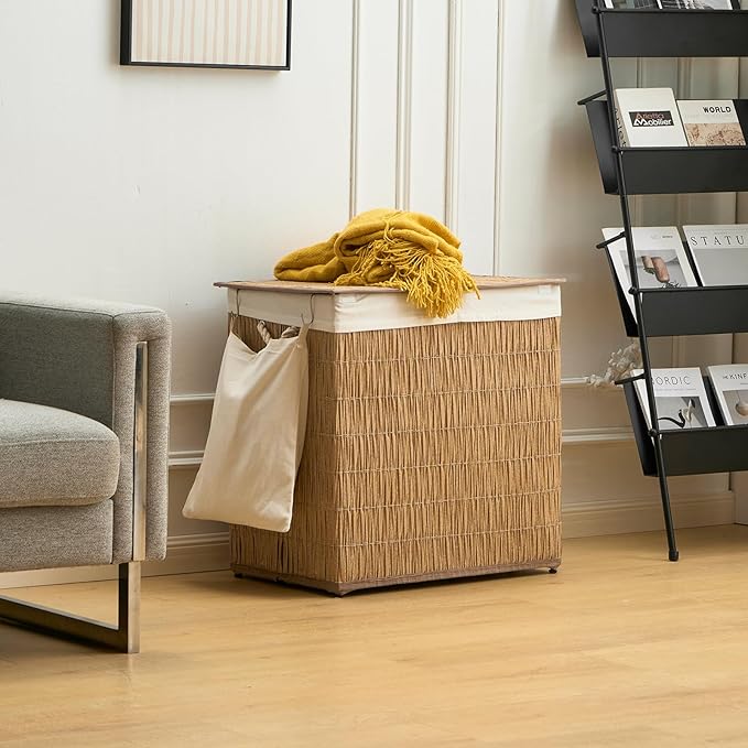 Laundry Hamper with Lid, 39.6 Gallon(150L) Large Laundry Basket 2 Removable Liner Bags, Synthetic Rattan Clothes Hamper with Side Pocket, laundry organization for bathroom, laundry room, Natural