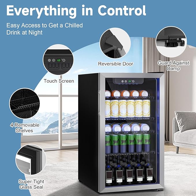 Beverage Refrigerator Cooler, 126 Can Mini Fridge Glass Door for Drinks Soda, Beer, or Wine - Small Refrigerator for Office Bedroom Home Bar, Adjustable Shelves, 3.2 Cu.Ft, Silver
