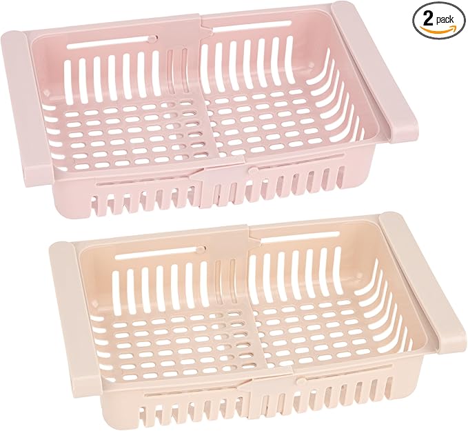 Refrigerator Drawer Organizer 2 Packs Retractable Drawer Refrigerator Storage Box, Unique Design Pull Out Storage Box, Sliding Shelves Refrigerators Hanging Organizer(Pink Khaki)