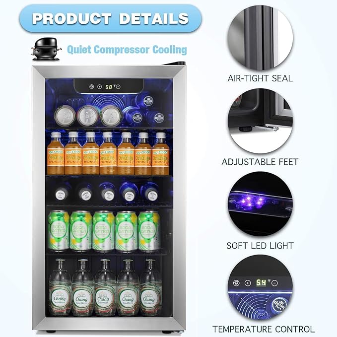 Antarctic Star Beverage Refrigerator Cooler -120 Can Glass Door Mini Fridge, for Soda Cola Beer or Wine Constant Glass Door Small Drink Dispenser Clear Front Door for Home, Bar 3.2cu.ft