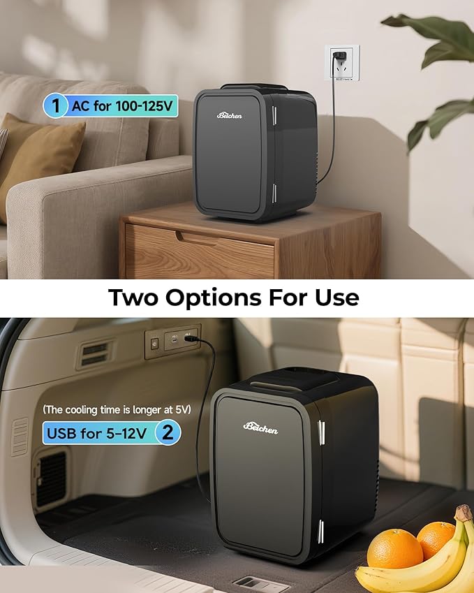 Mini Fridge, 4 Liter/6 Can Portable Refrigerator for Bedroom Office Dorm Car– Fast Cooling, Low Noise, 100-125V AC/5-12V USB Small Compact Refrigerator for Skincare, Food, Drinks(Black)