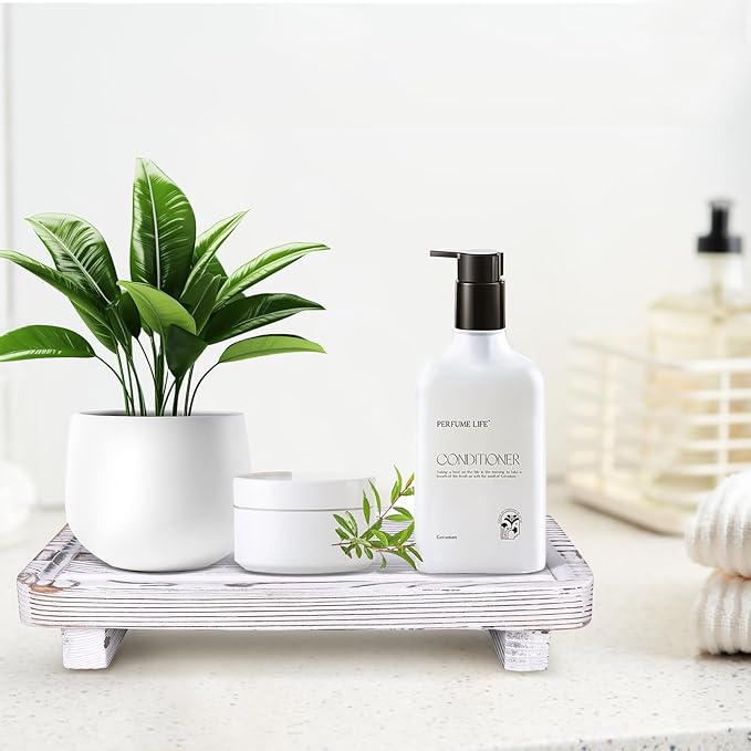 Rustic White Bathroom Counter Tray Kitchen Countertop Trays Decorative Wood Risers Display Pedestal Stand Wooden Riser Soap Dish Dispenser Holder for Bathroom Sink Accessories Kitchen Decor Tray