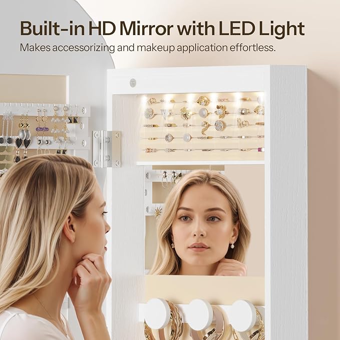 HOOBRO LED Mirror Jewelry Cabinet, Wall/Door Mounted Jewelry Organizer, Jewelry Aromire with Wavy Mirror Full Length, Lockable Cosmetics Storage Cabinet, Interior Mirror, 16.5" x 4.1" x 43.3", White