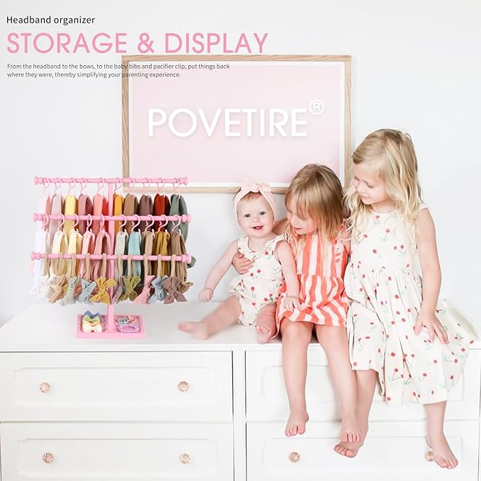 POVETIRE Headband Holder Stand Storage for Baby, 3 Tier Wooden Bow Organizer for Girls Hair Bows, Infant Hair Accessories Rack Display for Nursery Decor