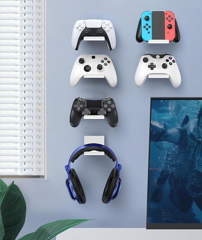 6amLifestyle 6 Pack Foldable Controller Wall Mount Holder for Xbox PS5 PS4 PS3 Switch Pro Strong Adhesive/Screw Controller Hanger Hook with Anti-Slip Pad Universal Gaming Remote Accessories, White