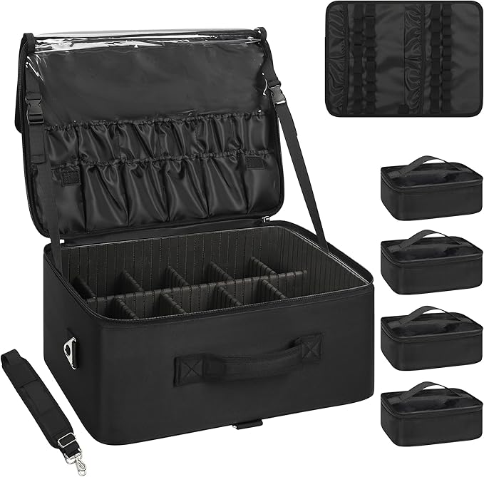 Relavel Extra Large Makeup Case Professional Cosmetic Storage Organizer Box Brush Holder with 4 Clear Set Bags & Lipstick Plate for Makeup Artists with Shoulder Strap & Adjustable Dividers