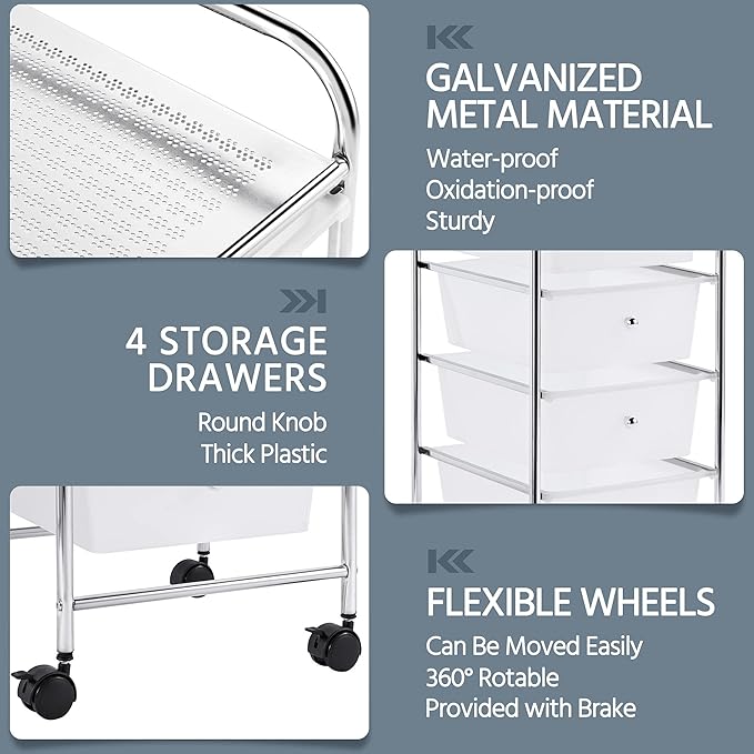 Yaheetech 4 Drawers Cart Rolling Plastic Storage Cart and Organizer Metal Frame Drawers Plastic Trolley Organizer on Wheels, White