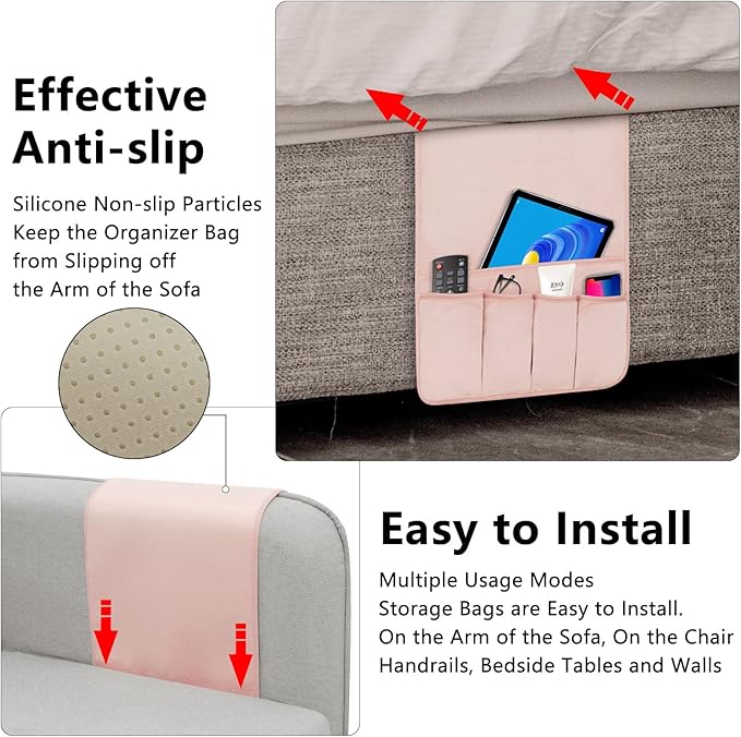 Remote Control Holder for Armchair，Couch Caddy Organizer TV Remote Holder for Bed Storage 5 Pockets，Remote Caddy Bedside Organizer Bedside Table Organizer (Pink, 35"x12.4")