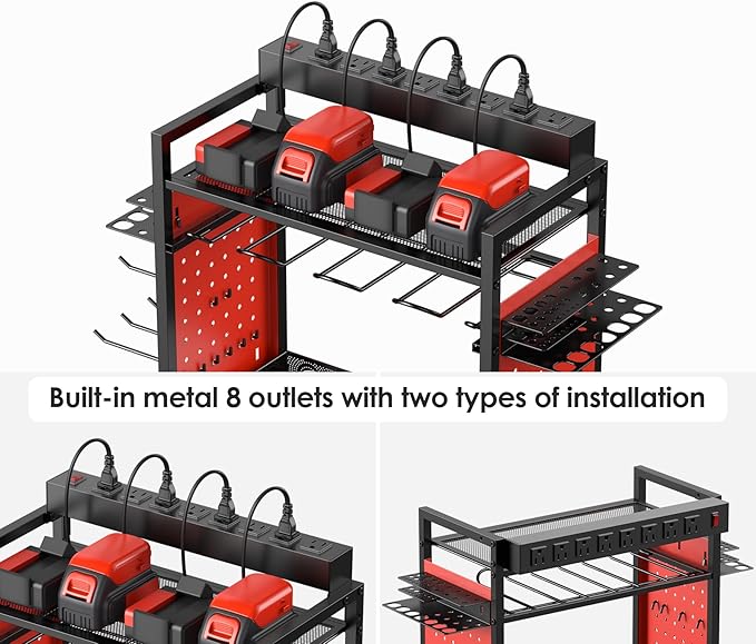 CCCEI Power Tool Organizer Cart with Charging Station, Garage Floor Rolling Storage Cart on Wheels for Mechanic, Mobile 6 Drill, Tool Box Utility Cart with Battery Charging Power Strip, Red.