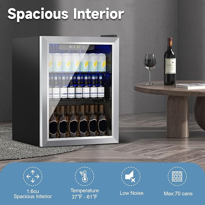 Beverage Refrigerator Cooler, 70 Can Mini Fridge Glass Door for Drinks Soda, Beer, or Wine - Small Refrigerator for Office Bedroom Home Bar, Adjustable Shelves, 1.7 Cu.Ft, Silver