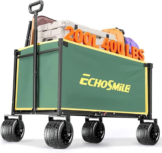 EchoSmile Collapsible Wagon Cart for Camping & Beach - Heavy Duty 400lbs Capacity All-Terrain Cart with Wide Wheels, Portable Folding Utility Wagon for Grocery, Garden, Sports,Green&Yellow