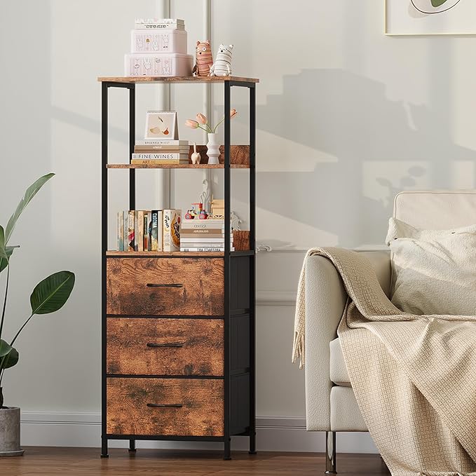Somdot 3 Tier Bookshelf with Drawer, Tall Bookcase with Shelves, Bookshelf Desktop Organizer, Display Standing Shelf Units for Living Room, Bedroom, Study Room, Wood Grain Print