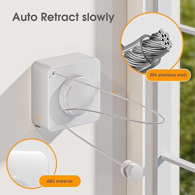 Retractable Heavy Duty Clothesline - Wall Mounted Indoor and Outdoor Laundry Drying Solution, 15.7ft Anti-Sagging Stainless Steel Rope (White)