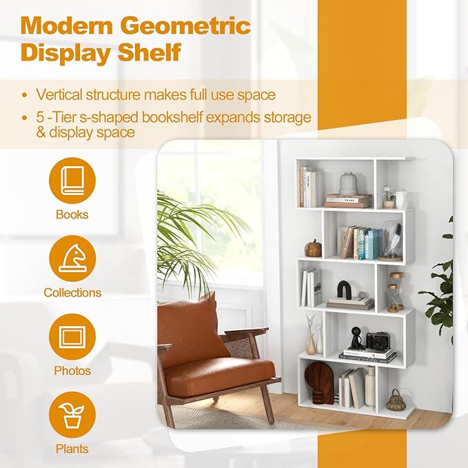 5-Tier Geometric Bookcase, 62.5” Freestanding Room Divider Bookshelf with Open Display Shelves & Anti-tip Device, Wood S-Shaped Storage Organizer for Living Room, Bedroom, Study & Home Office