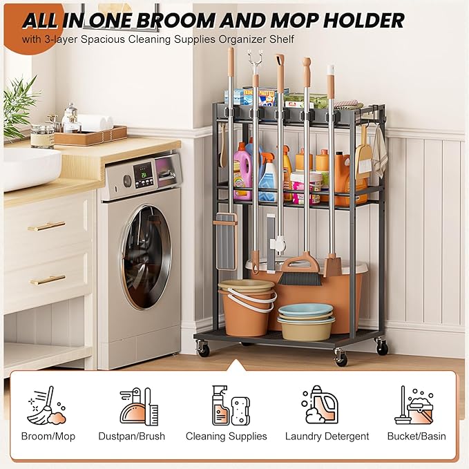 Broom Holder with Cleaning Supplies Organizer, Broom Closet Storage Cabinet with Mop Hanger Gripper Rack Hooks, Cleaning Housekeeping Janitorial Cart with Cleaning Caddy, Laundry Room Organization