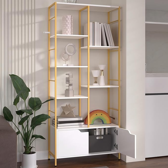 Bookshelf with Doors, 6-Tier Shelf with Storage Cabinet, 67" Tall Open Bookcase for Display, Industrial Retro Bookcase, Freestanding Storage Organizer Bookshelf for Living Room, White