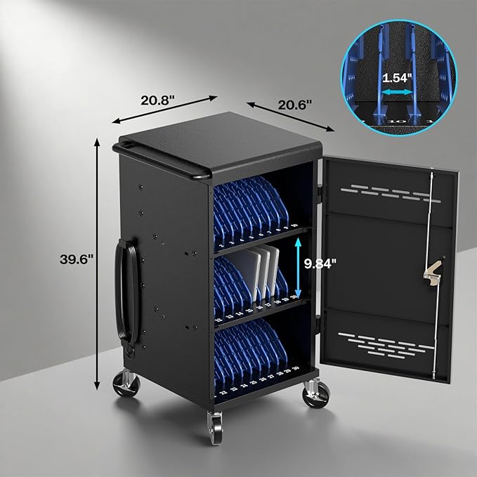 POCHAR Fully Assembled 30 Unit Device Charging Station for Chromebook, iPad, 14'' Laptop - Charging Cart with Charger Cable Management, Circuit Breaker, Grounding Protection