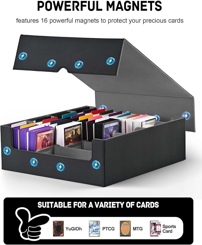 ZLCA Card Storage Box for MTG PTCG, Commander Deck Box Holds 3200+ Cards, Trading Card Storage Case with 4 Stoppers, Card Organizer for TCG Sport Cards(Black)