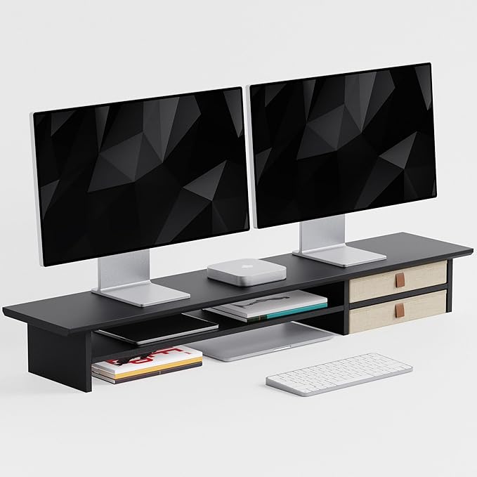 Dual‑Tier Monitor Stand Riser with Drawers, Desktop Organizer Shelf Storage for Computer Screen 2 Monitors, Supports for PC Computer Monitor, Printer, Heavy TV Riser Black
