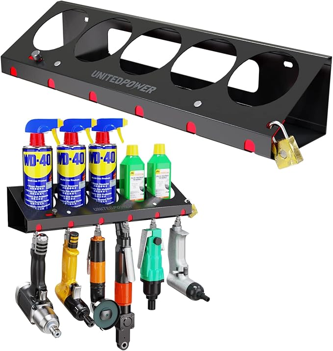 UNITEDPOWER Pneumatic Tool Holder Lockable/Aerosol Rack Combo, Wall Mounted Spray Can Bottle Holder, Air tool organizer, for Garage and Workspace, 5 Cans and 6 slots