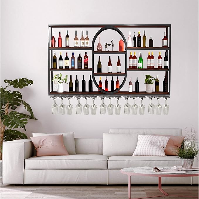 Large Wall Mount Wine Rack, Metal 4 Tier Large Capacity Hanging Bar Rack with Wine Glass Holder, Oval Wine Bottle Storage Display Rack for Kitchen, Living Room, Home (Black, 140cm/55.1in)