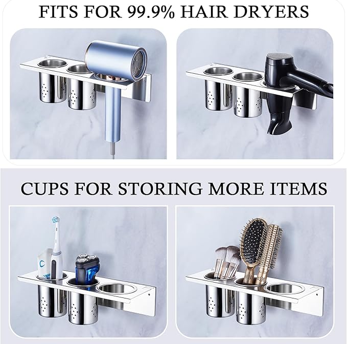 Hair Tool Organizer, Blow Dryer Holder Wall Mounted, Hot Tools Holder Storage for Brush, Hair Dryer, Straighteners, Curling Iron Holder Stainless Steel, Hair Styling Tools Organizer with 2 Cups