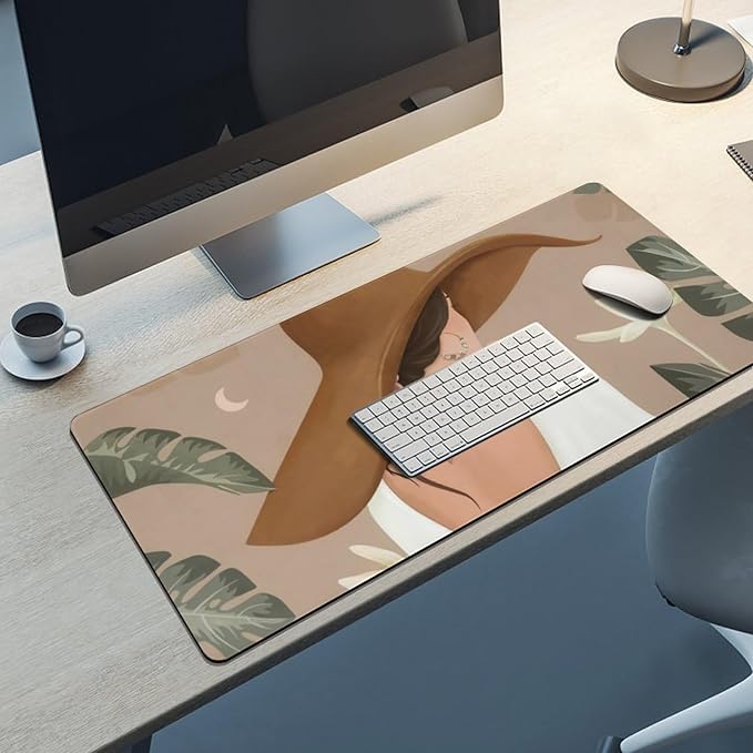 Elegant Lady Tropical Large Mouse Pad, Vintage Aesthetic Gaming Desk Mat, XXL Keyboard Desk Pad Mat for Desktop, 35.4"x15.7" Non-Slip Base Big Mousepad with Stitched Edges