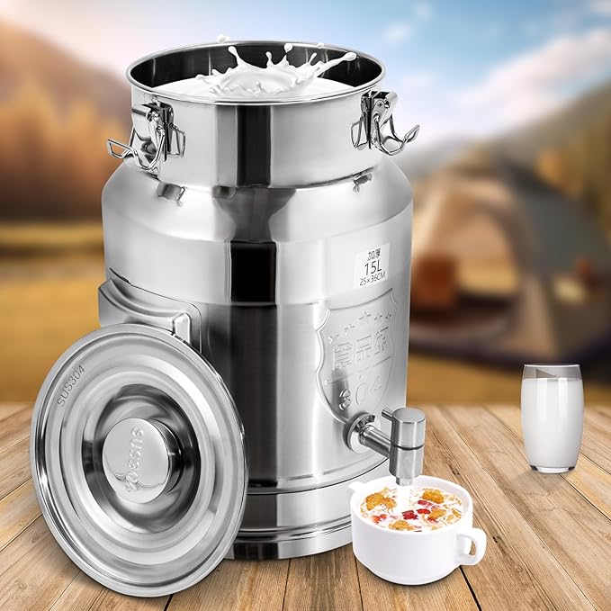Milk Can Barrel Stainless Steel Beverage Drink Dispenser Large Capacity Storage Bucket Container with Faucet and Handles for Milk Coffee Wine Oil Rice Cereals Water (15L/3.96Gal)