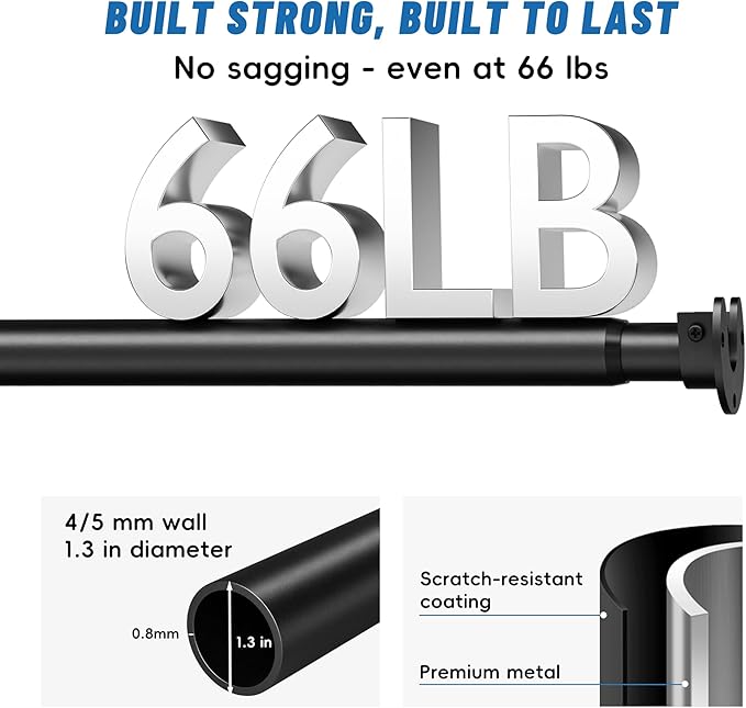 Stepless Adjustable Closet Rod, 66 lb Capacity, Fits 17-84 Inch Spaces, 1.3'' Heavy-Duty Metal Closet Rods for Hanging Clothes, Ideal for Closet, Wardrobes, Laundry or Rvs, Matte Black