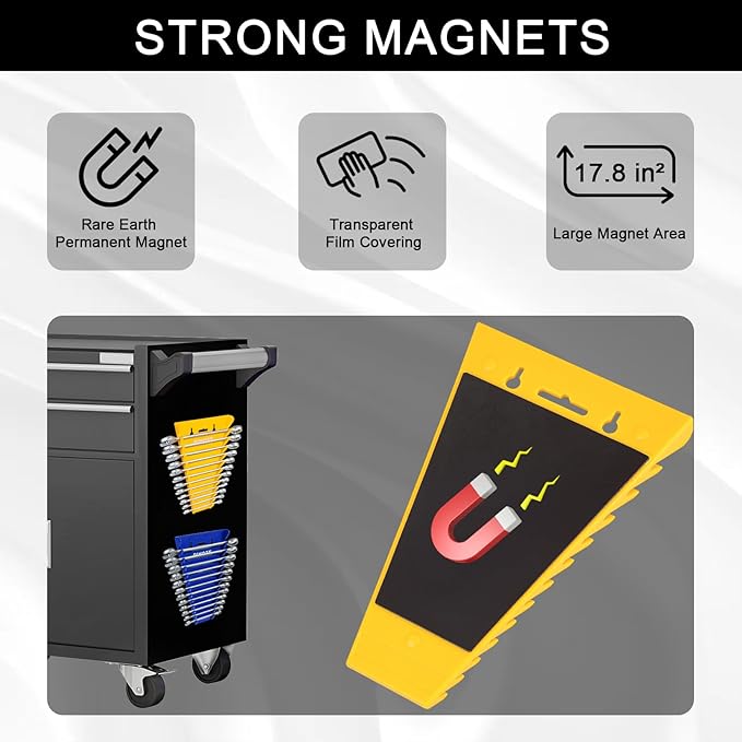 4-Pack Magnetic Wrench Organizer, 48-Slot Wrench Rack Tool Trays, Durable ABS Wrench Holder for Tool Box Drawer Chest, SAE (1/4" to 1-1/16") & Metric (6 to 24mm), Yellow/Blue