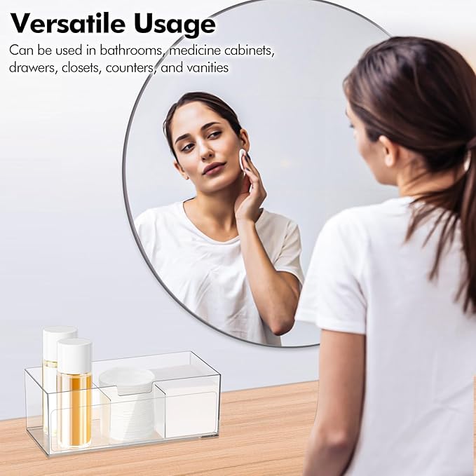 Poeland 2 Pack Makeup Organizer, Stackable Storage Organizer with U-shaped Removable Divider, Clear Storage Box for Medicine Cabinet, Closet, Bathroom, Counter
