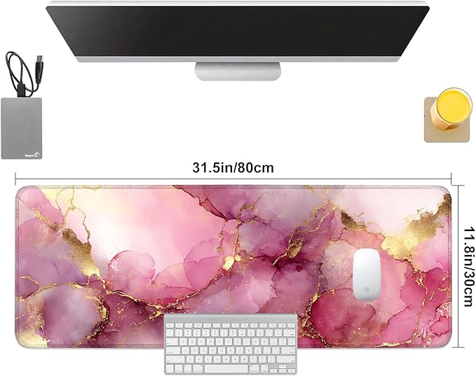 Pink Marble Ink Mouse Pad – Large Extended Desk Mat 31.5 x 11.8 in– Elegant Watercolor Gold Foil Design, Waterproof Surface, Non-Slip Rubber Base, Keyboard & Mouse Pad for Office or Gaming