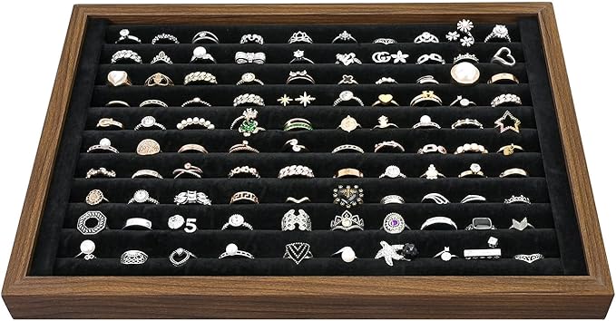 MOOCA 2 Pcs Wooden Ring Display Tray Set with Black Suede Lining, Ring Organizer for Jewelry Storage and Display, Walnut Color, 14W x 9.7D x 1.2H in