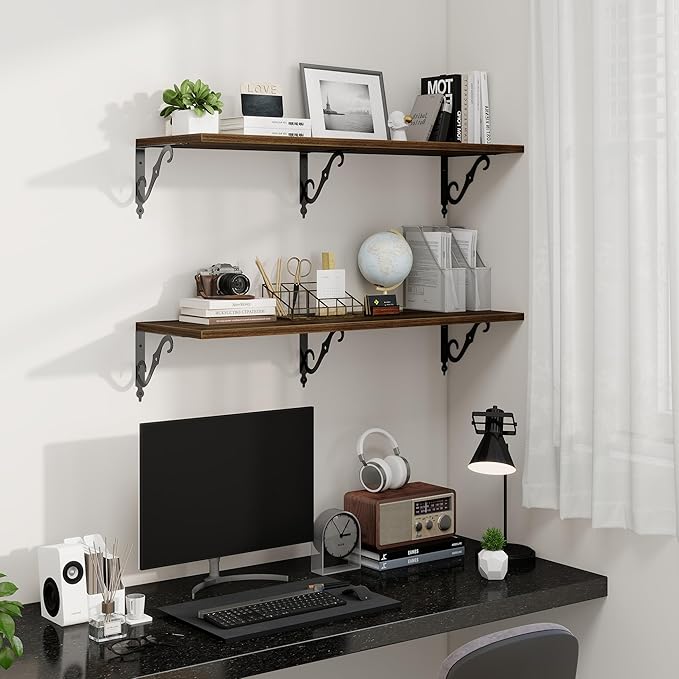 Fun Memories 40 Inch Floating Shelves Wall Mounted, 12 Inch Deep Wall Shelves with Bracket, Rustic Hanging Bookshelf, 40" Bookshelves for for Living Room, Kitchen and Bedroom, Walnut, Set of 2