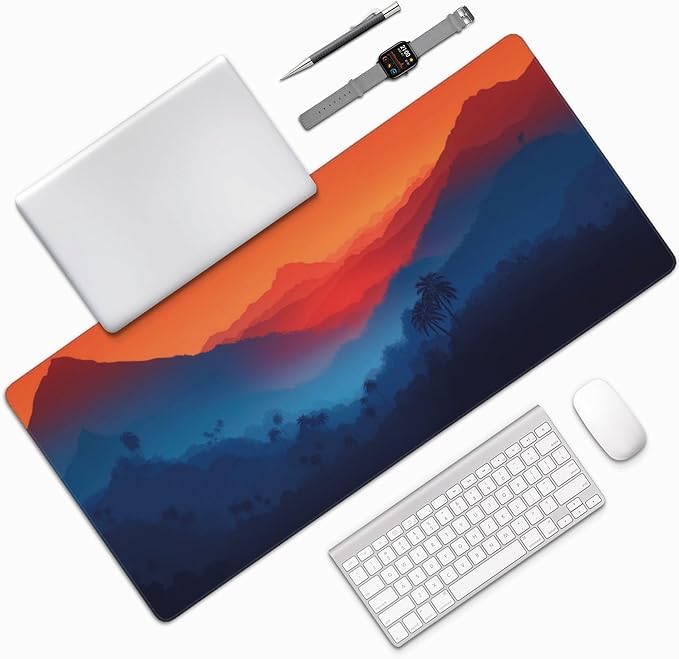 Twilight Mountain Palm Trees Large Mouse Pad, Vintage Aesthetic Gaming Desk Mat, XXL Keyboard Desk Pad Mat for Desktop, 35.4"x15.7" Non-Slip Base Big Mousepad with Stitched Edges