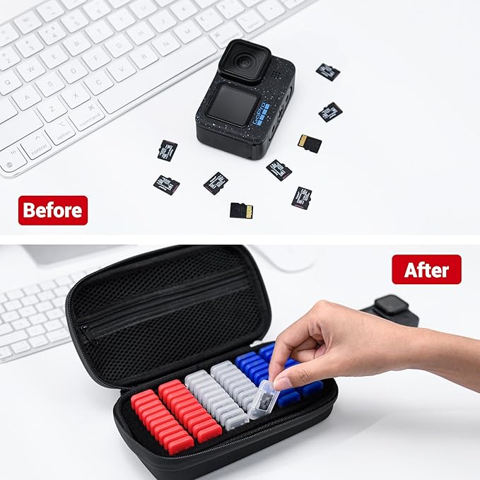 EVA PU Micro SD Card Case with 60 Individual Plastic TF Card Holders - Water-Resistant, Anti-Shock Carrying Organizer with Handle & Label