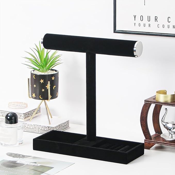 Necklace Display Holder, Bracelet Organizer Stand with Earrings Tray and Metal Lid, Jewelry Scrunchie Watches Tray Rack for Women Home Desk (Black)