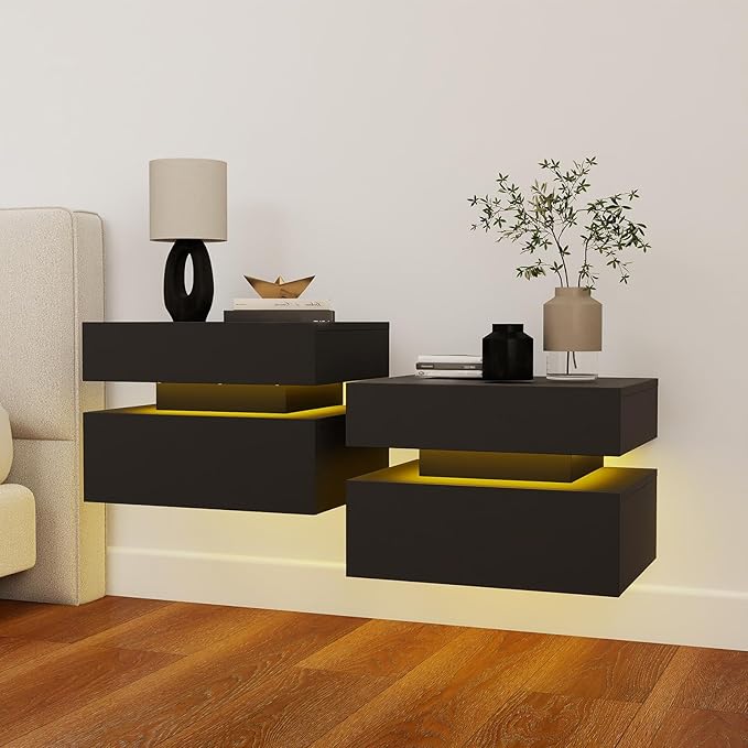 Vibe & Dine Floating Nightstand Set of 2, Wall Mounted Night Stand with Led Lights, Modern Bedside Tables with Drawers for Bedroom, Easy Assembly, Black