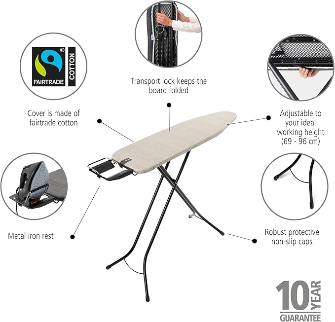 Brabantia Size A Compact Small Ironing Board (43x12 in) 7 Height Options, Adjustable Steam Iron Rest Holder (Denim Gray) Non-Slip Feet, Anti-Collapse Child Locks