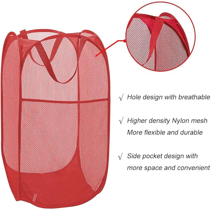 Larpur Popup Mesh Laundry Basket, Collapsible and Portable Clothes Washing Laundry Hamper with Reinforced Carry Handle (Red)